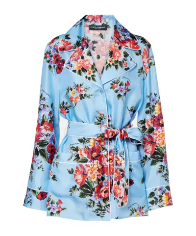 Dolce & Gabbana Floral Belted Silk Blouse In Blue