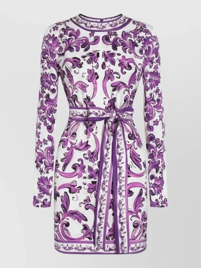 Dolce & Gabbana Floral Belted Waist Crew Neck Dress In Purple