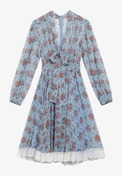 Dolce & Gabbana Light Blue Silk And Cotton Midi Dress With Floral Print And Lace Dolce E Gabbana