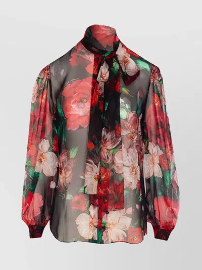 DOLCE & GABBANA FLORAL BOW TIE NECK SHEER TOP