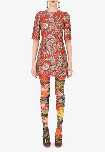 Dolce & Gabbana Floral Brocade Mini Dress In Red