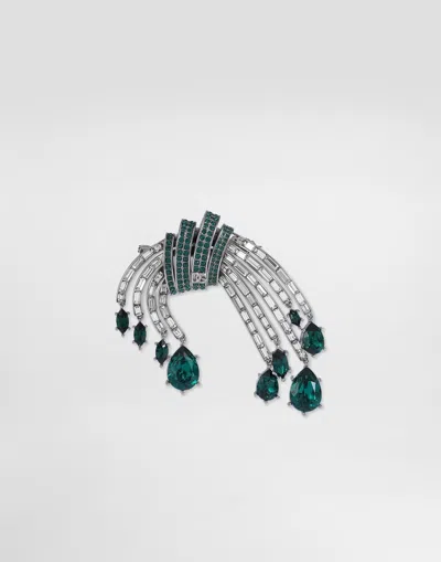 Dolce & Gabbana Floral Brooch With Rhinestones In Black
