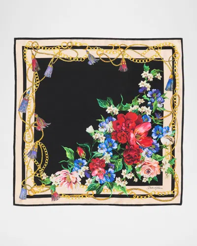Dolce & Gabbana Floral Chain Foulard Silk Scarf In Hn5qg Bouquet Fiori F Nero