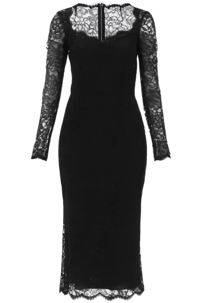 DOLCE & GABBANA FLORAL CHANTILLY LACE MIDI DRESS WITH LONG SLEEVES FOR WOMEN