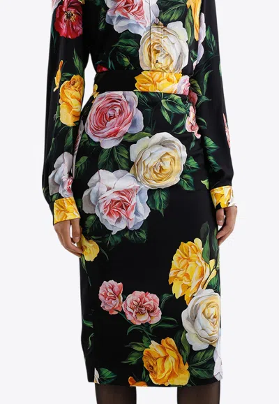 DOLCE & GABBANA FLORAL CHARMEUSE MIDI PENCIL SKIRT