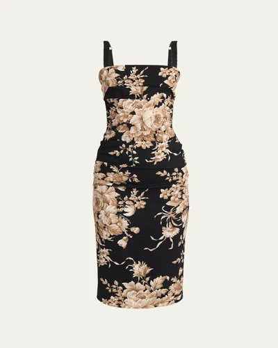 Dolce & Gabbana Floral Charmeuse Ruched Sleeveless Dress In Brown