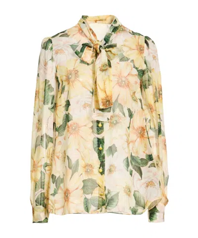 Dolce & Gabbana Floral Chiffon Bow Blouse In Green