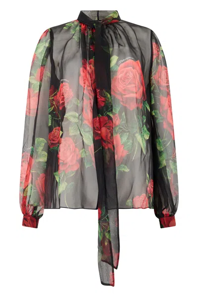 Dolce & Gabbana Floral Chiffon Silk Blouse With High Collar Ribbon Front In Black