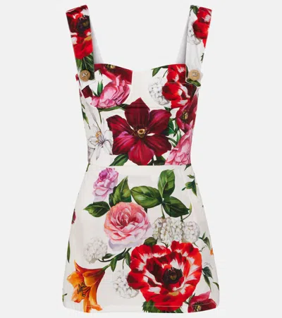 Dolce & Gabbana Floral Cotton Poplin Bustier Dress In White