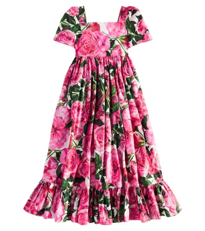 Dolce & Gabbana Kids' Floral Cotton Poplin Dress In Pink