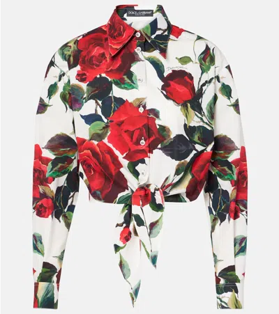 Dolce & Gabbana Cropped Tie-detailed Floral-print Cotton-poplin Shirt In Multi