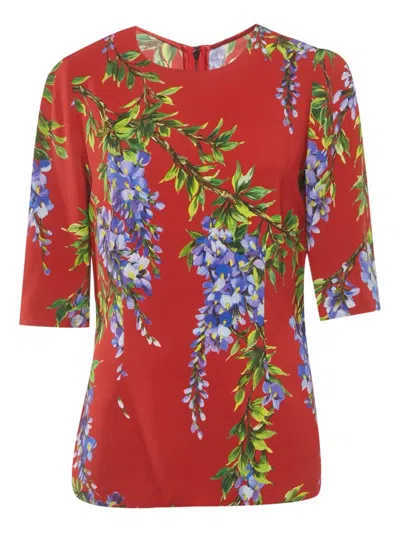 Pre-owned Dolce & Gabbana Floral Crepe Top In Red