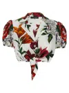 Dolce & Gabbana Anemone Floral Popeline Puff-sleeve Tie Crop Shirt In White