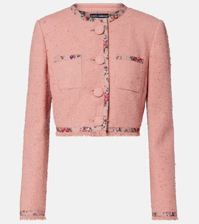 Dolce & Gabbana Floral Cropped Cotton-blend Tweed Jacket In Pink