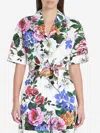 Dolce & Gabbana Multicolor Crop Shirt With All-over Floral Motif And Logo Lettering Detail On The Front In Cotton Wo In Multicolor