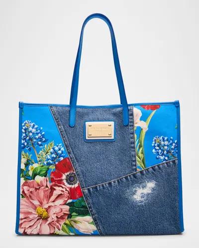 Dolce & Gabbana Floral Denim Tote Bag In Blue Denim