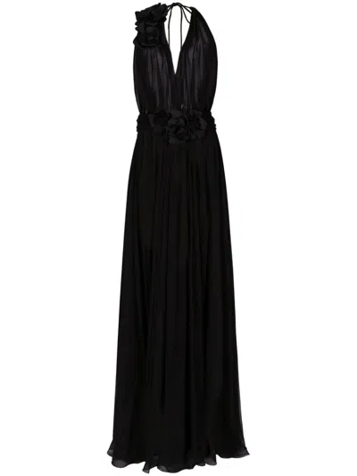 Dolce & Gabbana Floral-detail Pleated Silk Dress In Black