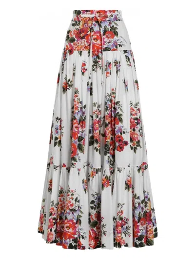 Dolce & Gabbana White Long Skirt With Floral Print And Elasticated Waistband In Cotton Woman