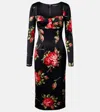 Dolce & Gabbana Rose-print Satin Long-sleeve Midi Dress In Black