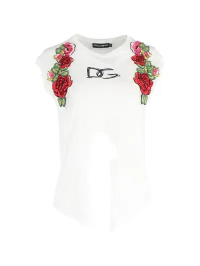 Pre-owned Dolce & Gabbana Floral-embellished T-shirt In White