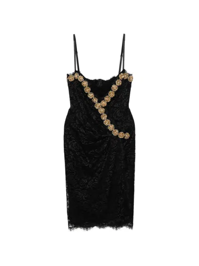 Pre-owned Dolce & Gabbana Floral Embellishmented Slip Lace Dress In Black