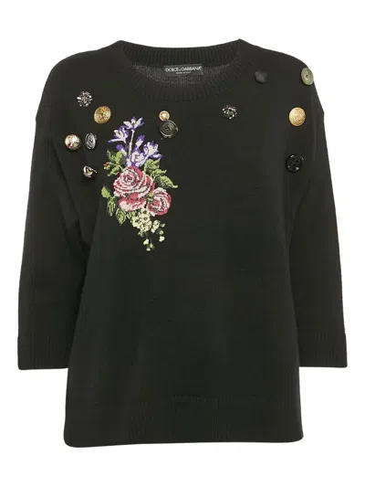 Pre-owned Dolce & Gabbana Floral-embroidered Button-detail Sweater