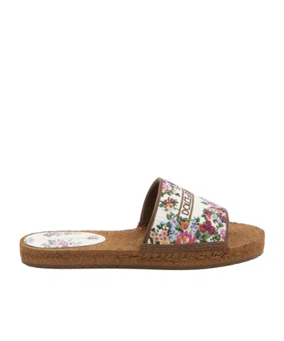 Dolce & Gabbana Espadrille Slides Floral Embroidery Nappa Leather In Brown