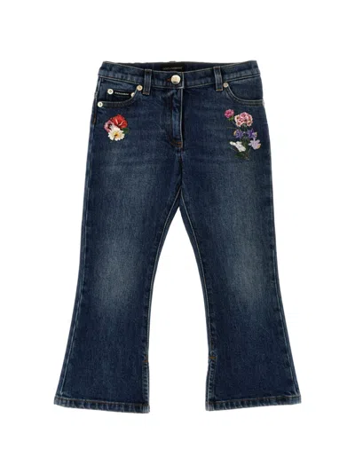 Dolce & Gabbana Kids' Floral-embroidered Jeans In ブルー