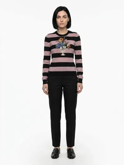 Dolce & Gabbana Floral Embroidered Striped Wool Sweater In Multi