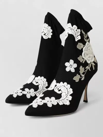 Dolce & Gabbana Floral-embroidered Jersey Stiletto Boot In Black