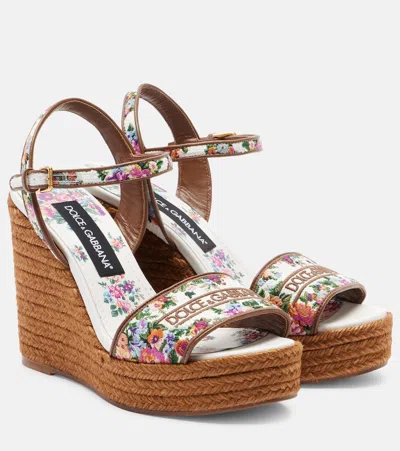 Dolce & Gabbana Leather-trimmed Embroidered Canvas Platform Wedge Sandals In Brown