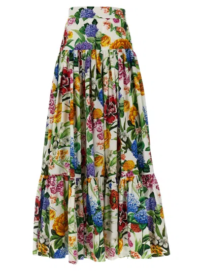 Dolce & Gabbana Long Flounced Skirt With Floral Print In Multicolor
