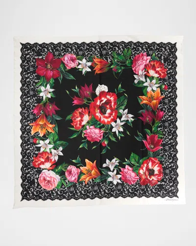 Dolce & Gabbana Floral Foulard Silk Scarf In Black