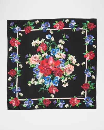 Dolce & Gabbana Floral Foulard Silk Scarf In Black
