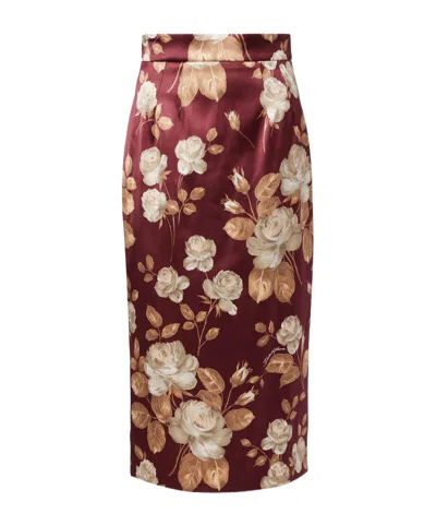 Dolce & Gabbana Floral High-rise Satin Midi Skirt In Burgundy