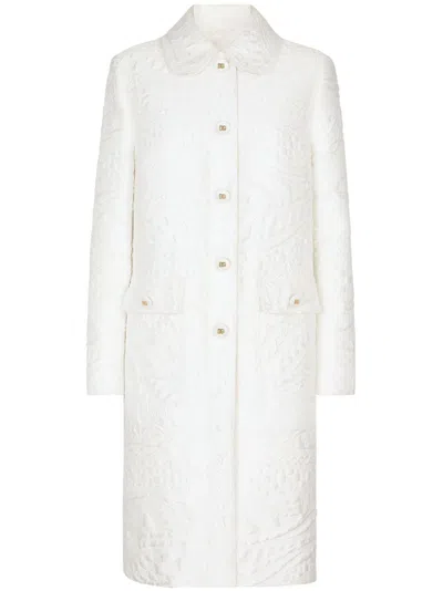 Dolce & Gabbana Floral-jacquard Belted Coat In White