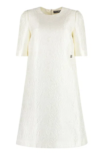 Dolce & Gabbana Brocade Short-sleeve Dress In Ivory