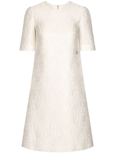 Dolce & Gabbana Brocade Short-sleeve Dress In Ivory
