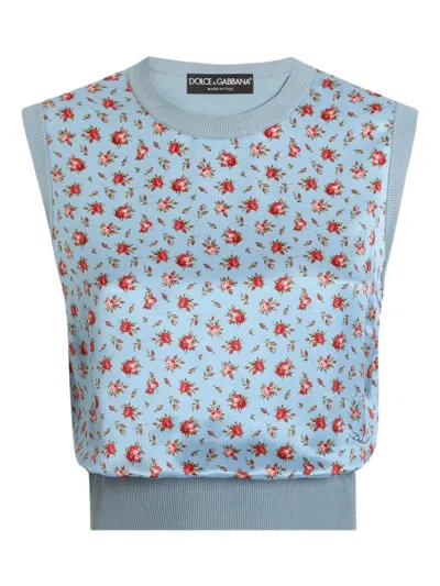 Dolce & Gabbana Sleeveless Crew Neck Knit Floral Top In Animal Print