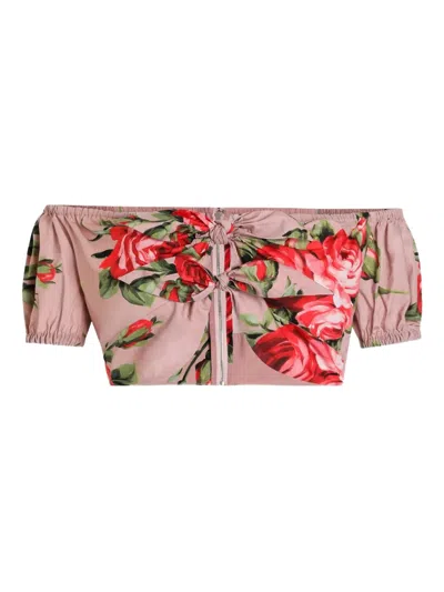 Dolce & Gabbana Pink Crop Top With Floral Print And Double Knot In Cotton Woman In Gray