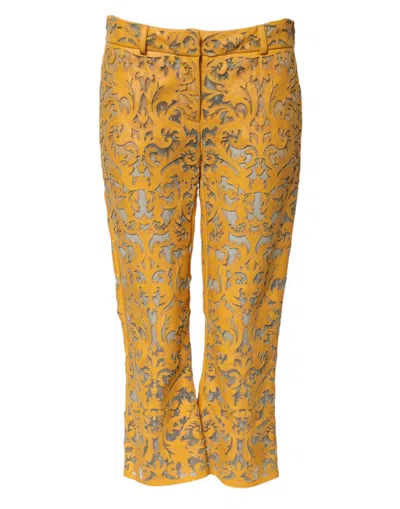 Dolce & Gabbana Floral Lace Bull Leather Capri Pants In Orange