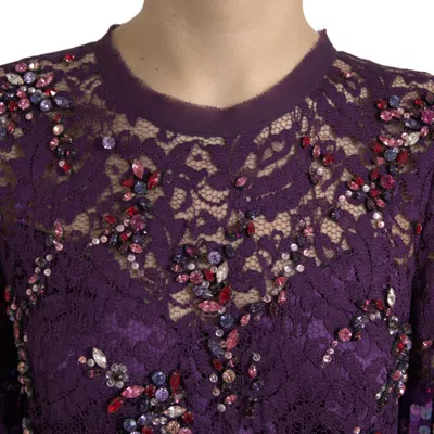 Dolce & Gabbana Floral Lace Crystal Embellished Dress In Purple
