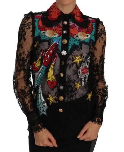 Dolce & Gabbana Floral Lace Embroidered Blouse With Crystals In Black