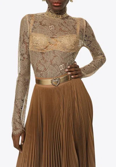 Dolce & Gabbana Floral Lace High-neck Top In Beige