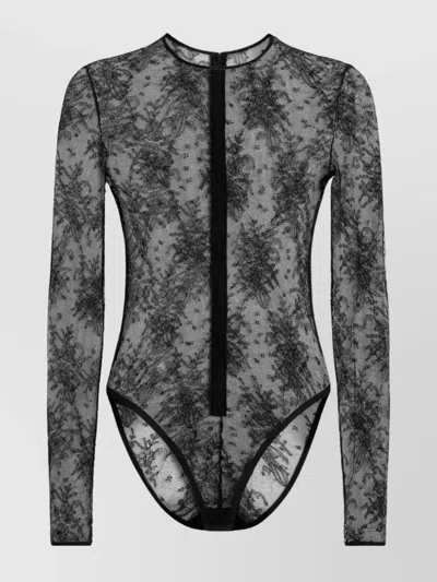 Dolce & Gabbana Floral Lace Long Sleeve Bodysuit In Animal Print