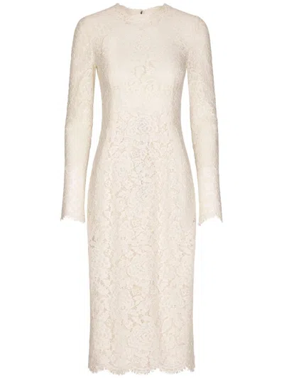Dolce & Gabbana Lace Long Sleeve Midi Dress In White