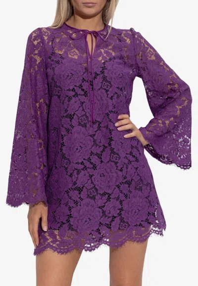 Dolce & Gabbana Floral Lace Mini Dress In Purple