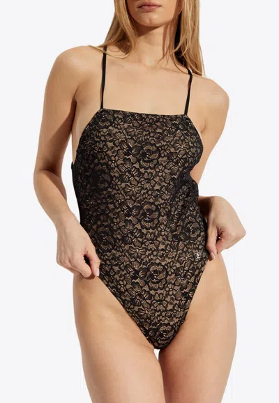 Dolce & Gabbana Floral Lace One-piece Swimsuit In Black