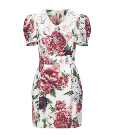 Dolce & Gabbana Floral Lace Short Sleeve Fitted Dress In White