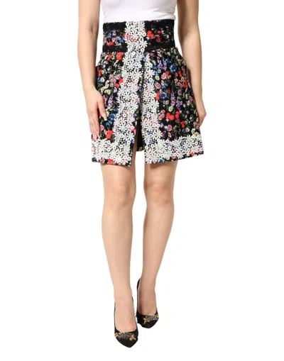 Dolce & Gabbana Black Floral Lace Cotton Highwaist Mini Skirt